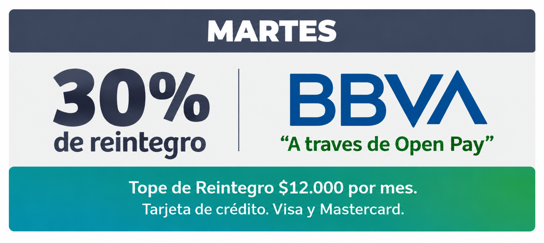 Martes 30% de reintegro con tarjetas de crédito Banco BBVA